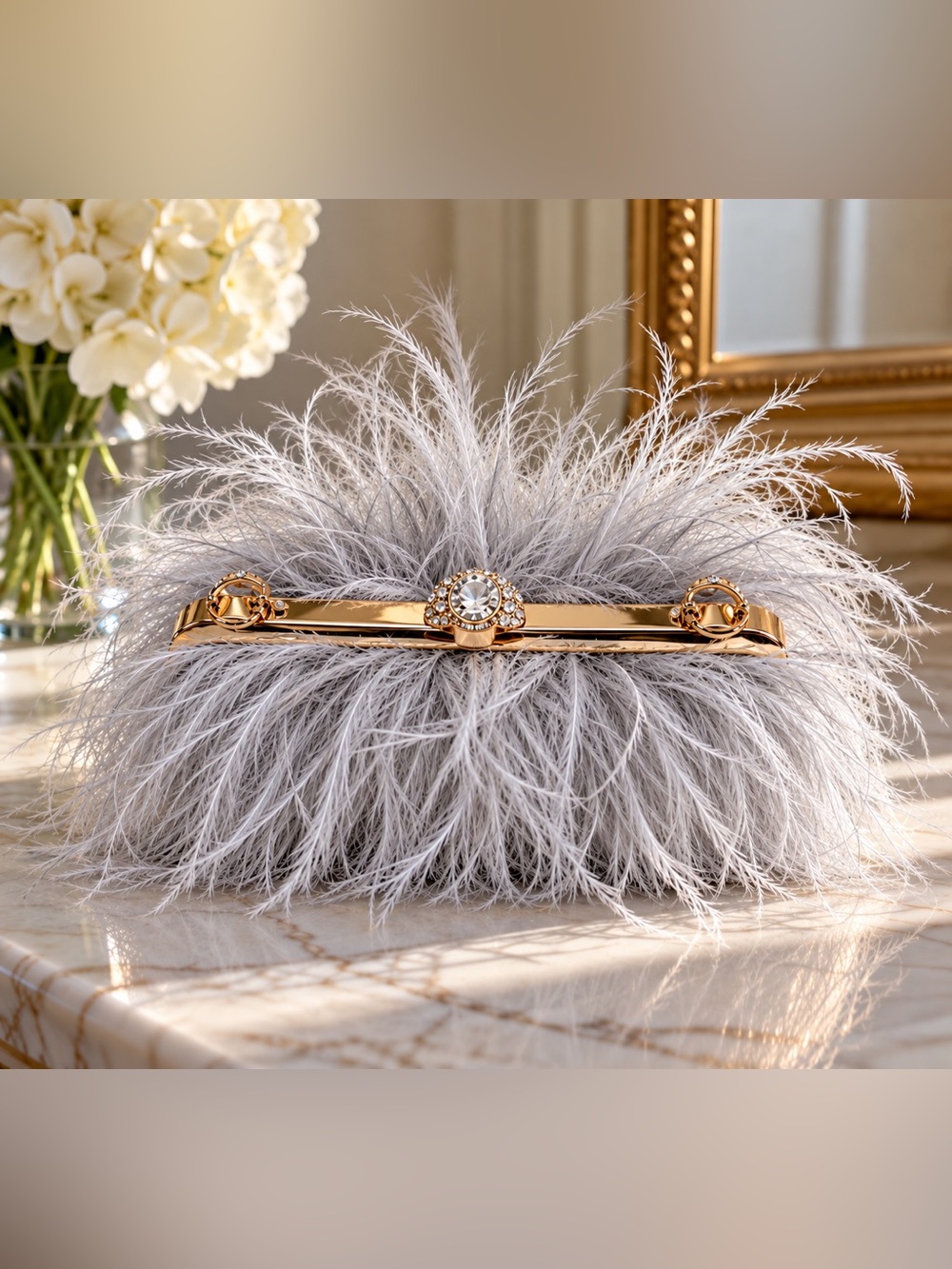 Elegant Gray Feather Frame Clutch with Gold Crystal finger Accent